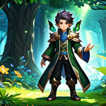 A vibrant, custom-designed male MapleStory-inspired character, depicted in a luxurious and legendary fantasy outfit. He stands confidently in a magical, lush forest environment with glowing flora. His attire is elaborate, featuring flowing fabrics and subtle, intricate details, fully clothed, modest clothing, appropriate attire, professional dress. The character has perfect anatomy, correct proportions, well-formed hands, and a proper finger count, in a natural pose. The scene is bright and enchanting, reflecting the power of customization and enhancement. Safe for work, appropriate content, family-friendly, high quality digital illustration, professional photography, cinematic lighting.