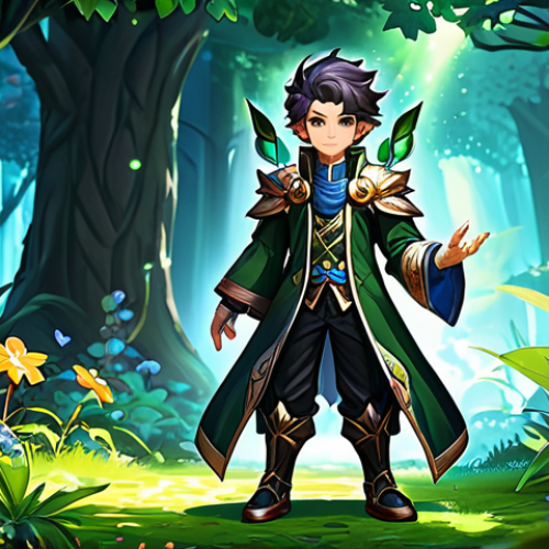 A vibrant, custom-designed male MapleStory-inspired character, depicted in a luxurious and legendary fantasy outfit. He stands confidently in a magical, lush forest environment with glowing flora. His attire is elaborate, featuring flowing fabrics and subtle, intricate details, fully clothed, modest clothing, appropriate attire, professional dress. The character has perfect anatomy, correct proportions, well-formed hands, and a proper finger count, in a natural pose. The scene is bright and enchanting, reflecting the power of customization and enhancement. Safe for work, appropriate content, family-friendly, high quality digital illustration, professional photography, cinematic lighting.