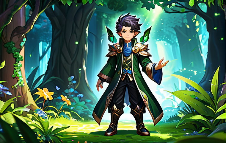 A vibrant, custom-designed male MapleStory-inspired character, depicted in a luxurious and legendary fantasy outfit. He stands confidently in a magical, lush forest environment with glowing flora. His attire is elaborate, featuring flowing fabrics and subtle, intricate details, fully clothed, modest clothing, appropriate attire, professional dress. The character has perfect anatomy, correct proportions, well-formed hands, and a proper finger count, in a natural pose. The scene is bright and enchanting, reflecting the power of customization and enhancement. Safe for work, appropriate content, family-friendly, high quality digital illustration, professional photography, cinematic lighting.